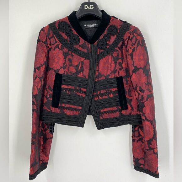 DOLCE & GABBANA SS 2015 Size 46 Red Brocade Viscose Blend Cropped Jacket - Picture 1 of 4